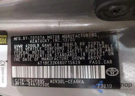 2006 Toyota Camry Le из США, поврежденный, VIN 4T1BE32K66U715629